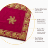 Maroon velvet pooja aasan corner with gold embroidered trim and scalloped edge stitching detail
