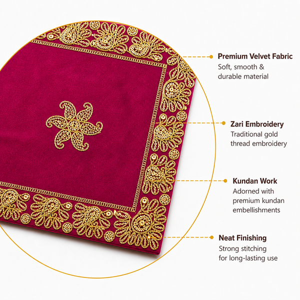 Luxury Designer Velvet Embroidered Pink Pooja Aasan Cloth for Mandir | Premium Altar Cover for Temple, Puja Chowki, Home Shrine & Diwali Decoration