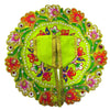 Embroidered Laddu Gopal dress back in green with floral patches, pearls, and gold trim