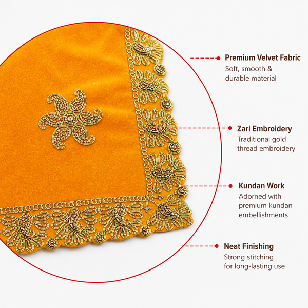 Luxury Designer Velvet Embroidered Yellow Pooja Aasan Cloth for Mandir | Premium Altar Cover for Temple, Puja Chowki, Home Shrine & Diwali Decoration