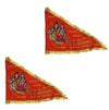 Triangular orange religious flag with Shiva family illustration and gold fringe edge