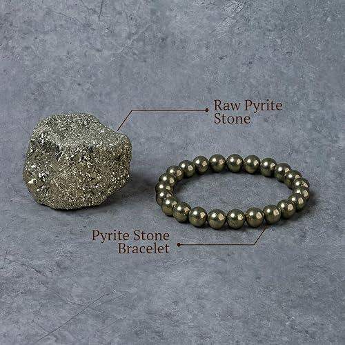 Pyrite beaded bracelet with rough raw pyrite stone beside it