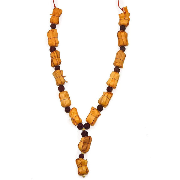 Sandalwood mala necklace, carved amber beads with dark brown center charm bead