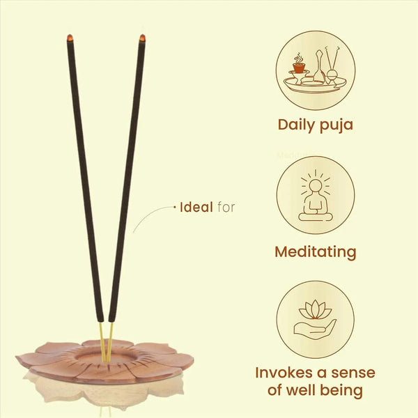 Two black incense sticks with tips glowing in a round wooden holder
