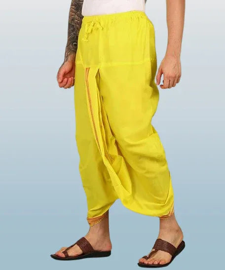 Pure cotton readymade dhoti free size yellow colour with Thick embroidery border - Achleshwar