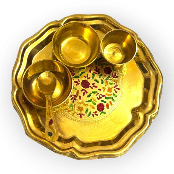 Pure Brass Laddu Gopal Pooja Bhog Set of 5 Pcs Thali Set (1 Dessert Plate/Thali + 2 Bowl + 1 Glass + 1 Spoon)