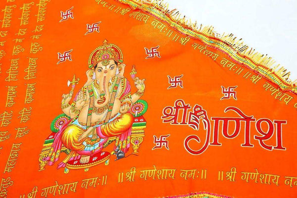 Orange printed Ganesha religious flag with seated deity and Devanagari text