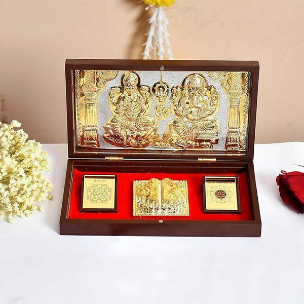 Gold plated Lakshmi and Ganesh charan paduka yantra set with framed display and three inserts