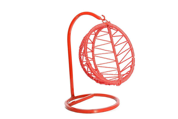 Red hanging swing with oval net cradle and circular base ring, front view
