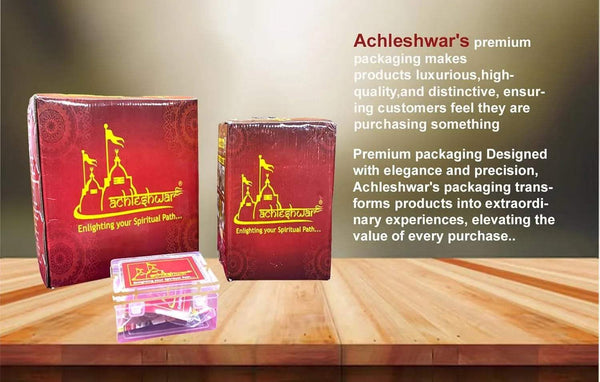 Feng Shui Bagua mirror packaging boxes with gold logo and product card on wood table