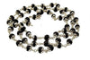Wood mala necklace with black round beads and silver-toned floral connectors