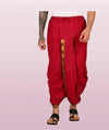 Red dhoti pants with gathered waistband and vertical gold embroidery detail, loose fit