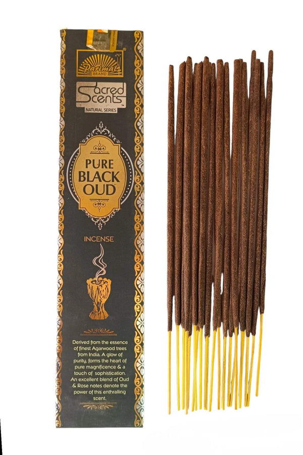 Pure Black Oud incense stick bundle with Sacred Scents incense package