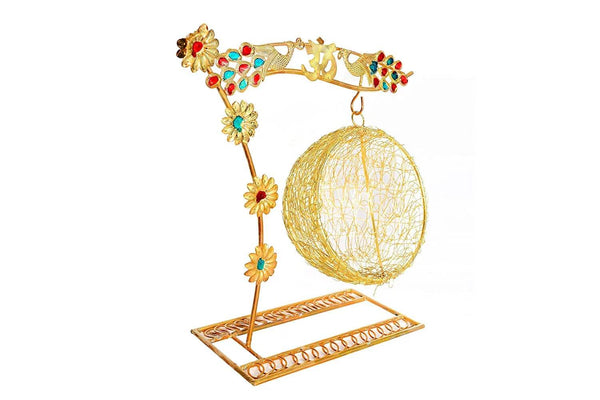 Golden decorative swing stand with hanging mesh egg cradle and jeweled flower motifs