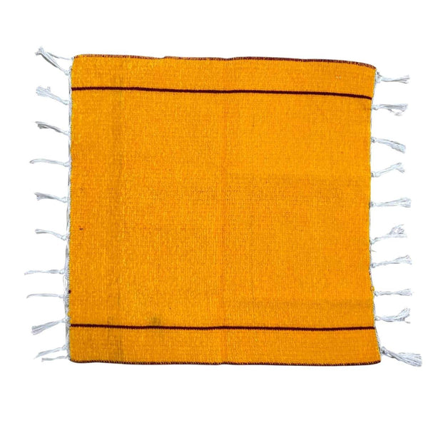 Reversible pooja meditation mat, square orange panel with white fringe and black border lines