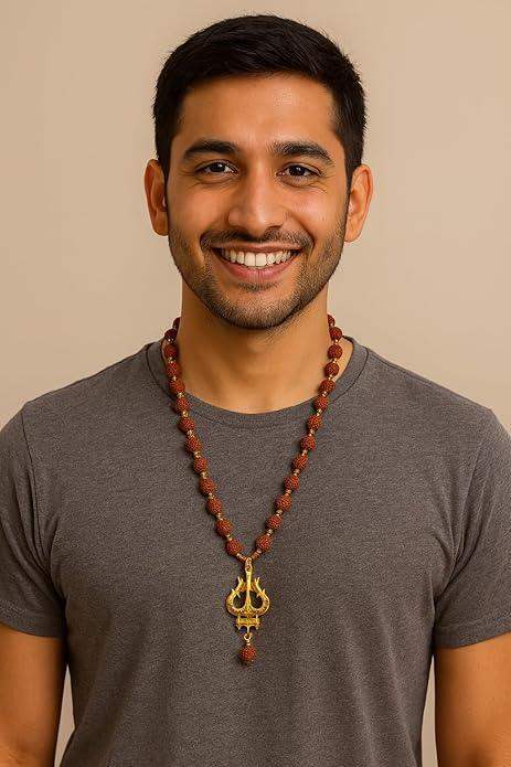 Rudraksha bead mala necklace with gold Trishool pendant, worn on a crew-neck shirt.