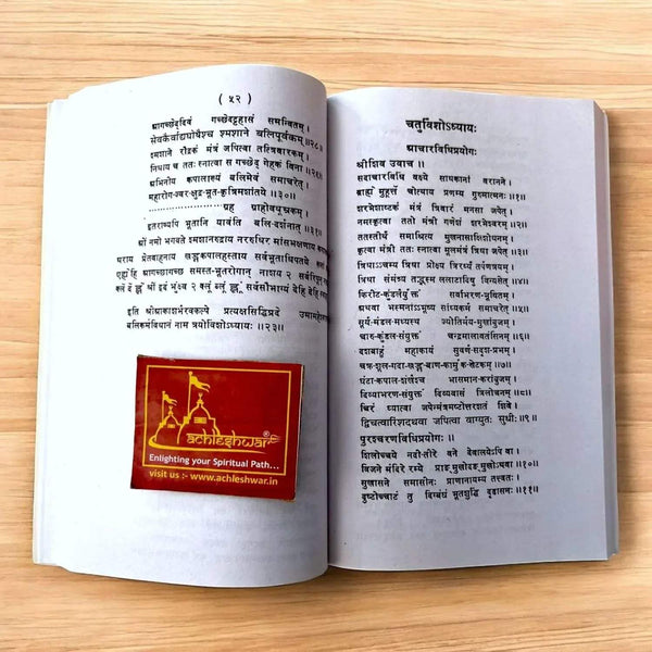 Aakash Bhairav Kalpam book open, two Devanagari text pages with red emblem on left