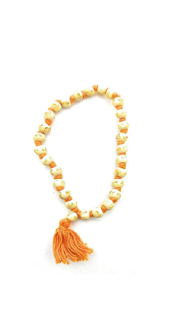 Written tusli bead mala necklace with orange tassel, cream and gold beads