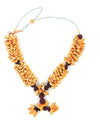 Chandan mala necklace featuring orange flower segments, dark rudraksha beads, green cord