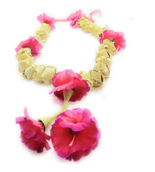 Flower garland for photo frame, round wreath with pink blossoms and pale yellow beads