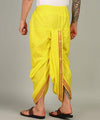 Yellow dhoti with ruched elastic waist and long drape, striped border detail