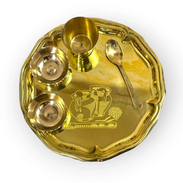 Pure Brass Pooja/Bhog Thali Set, 5 Pieces, Designer Bhog Set with Bowls, Glass and Spoon 8inch - Achleshwar