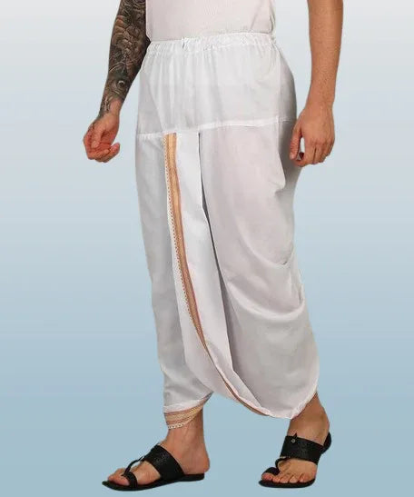 Pure cotton readymade dhoti free size white colour with Thick embroidery border - Achleshwar