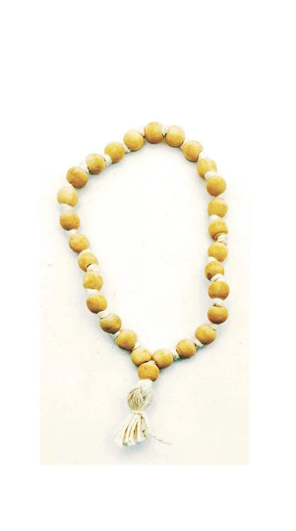 Tulsi mala bead necklace with light yellow beads and white tassel