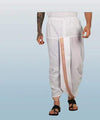 White cotton dhoti with thick embroidered zari border and drawstring waist