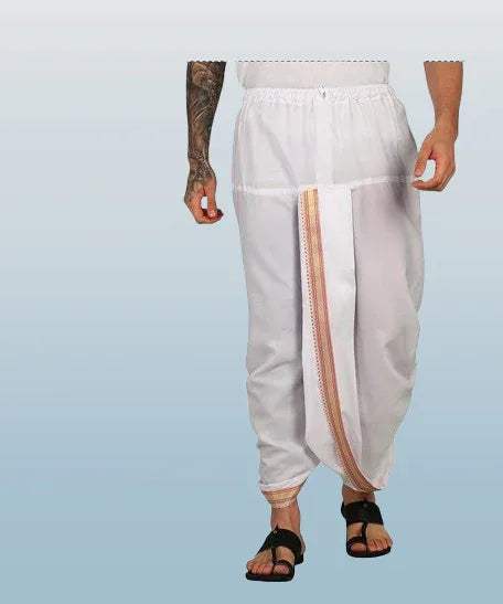 White cotton dhoti with thick embroidered zari border and drawstring waist