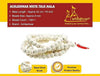 White tulsi bead mala with red tassel, shown stacked on a light background
