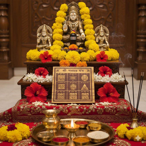 Bhojpatra yantra print in a frame on a puja table with flowers and brass bowls