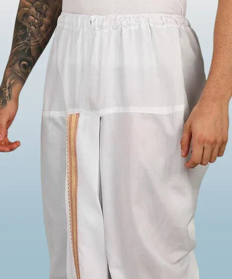 Pure cotton readymade dhoti free size white colour with Thick embroidery border - Achleshwar