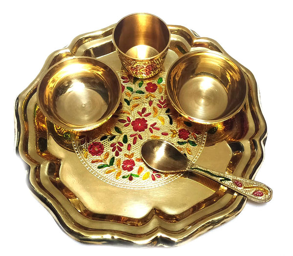 Pure Brass Laddu Gopal Pooja Bhog Set of 5 Pcs Thali Set (1 Dessert Plate/Thali + 2 Bowl + 1 Glass + 1 Spoon)