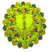 Green and gold embroidered baby poshak with circular multicolor fan border