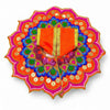 Embroidered deity poshak dress with orange center cloth and multicolor floral fan