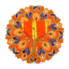 Embroidered orange circular poshak with blue and green peacock details, gold center stripes