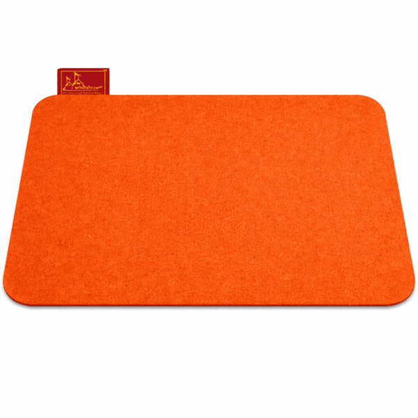 Orange woolen aasan meditation mat with rounded corners and solid fabric surface.