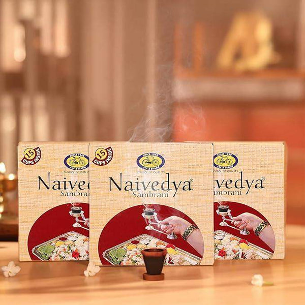 Sambrani dhoop cups pack, three Naivedya boxes standing side by side