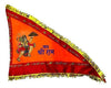 Religious printed flag in orange with monkey god holding mace, gold fringe border