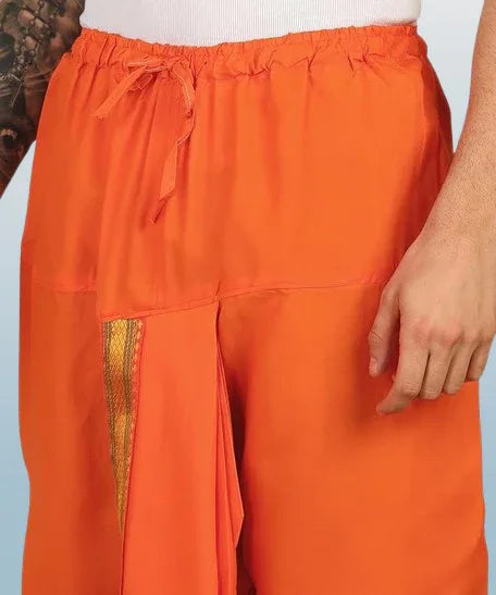 Pure cotton readymade dhoti free size orange colour with Thick embroidery border - Achleshwar