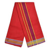 Red dhoti with three yellow side stripes and blue patterned hem border