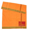Orange cotton dhoti folded with green patterned border and maroon side stripe panel