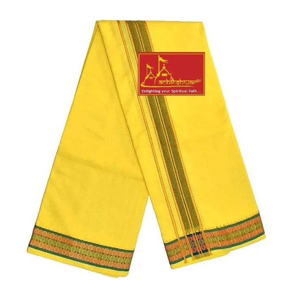 Yellow pure cotton dhoti with dark vertical stripe and multicolor end border