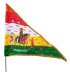 Printed religious flag on pole, red-yellow-green with gold border and figure artwork