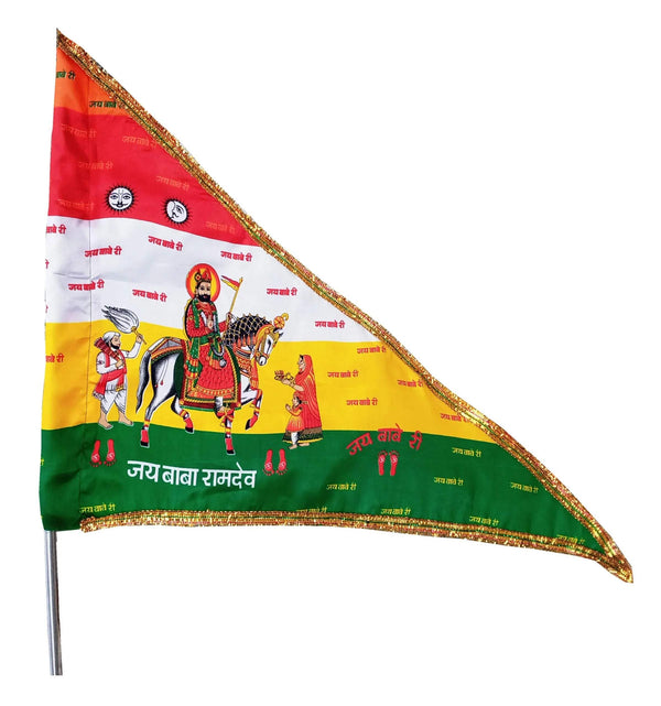Printed religious flag on pole, red-yellow-green with gold border and figure artwork