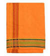 Orange pure cotton dhoti with maroon vertical stripes and green patterned hem border