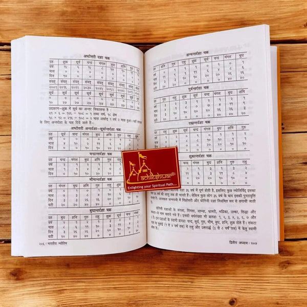 Open astrology book (Hindi) with chart and table pages for predictions.