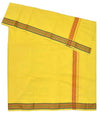Yellow cotton angavastram with thin orange trim and multicolor border
