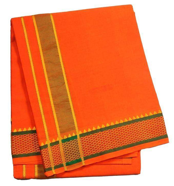 Orange cotton dhoti with gold and dark green border stripe and checked hem
